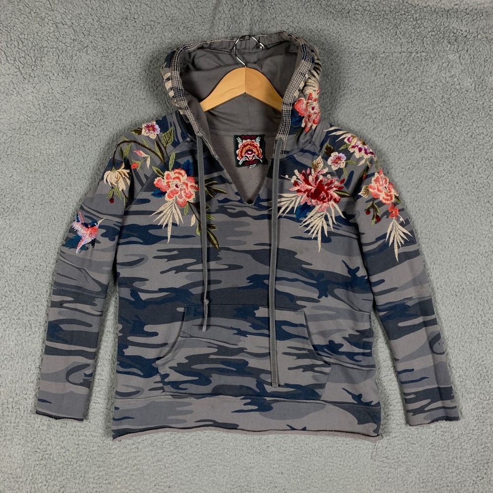 Johnny Was Kasumi Hoodie Women's‎ XS Gray Camo Raw-Edge Floral Embroidered
